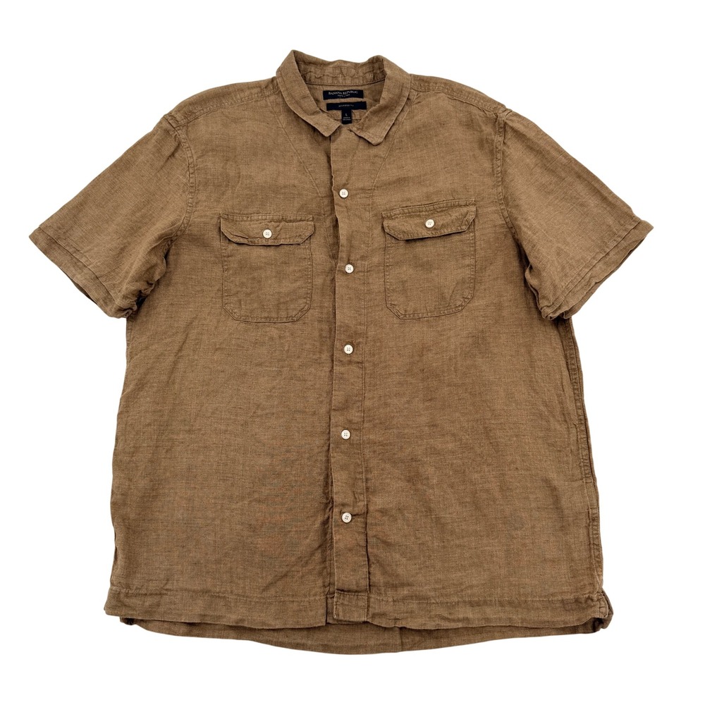 Banana Republic Mens Relaxed Fit 100% Linen Short Sleeve Shirt Brown Large SU23